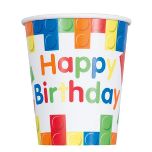 8 Bunte Happy Birthday Baustein Pappbecher 266ml