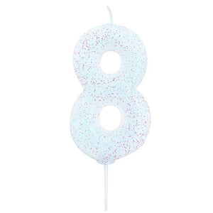 Glitzernde Zahl 8 Tortenkerze weiß 7cm