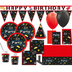 Gamer Geburtstagsdeko Videospiel Party Dekoration Spiel Party Deko Party  Zubehör mit Happy Birthday Banner Gamepad Folienluftballon Tischdecke Stern